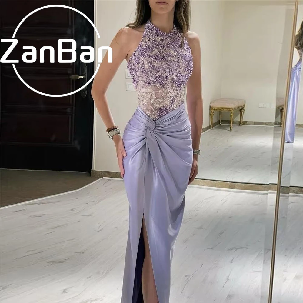 ZanBan New Sexy Lavender Prom Party Dresses Lace Beading Halter Sleeves Split Dubai Arabia Evening Gowns Formal Party Dresses