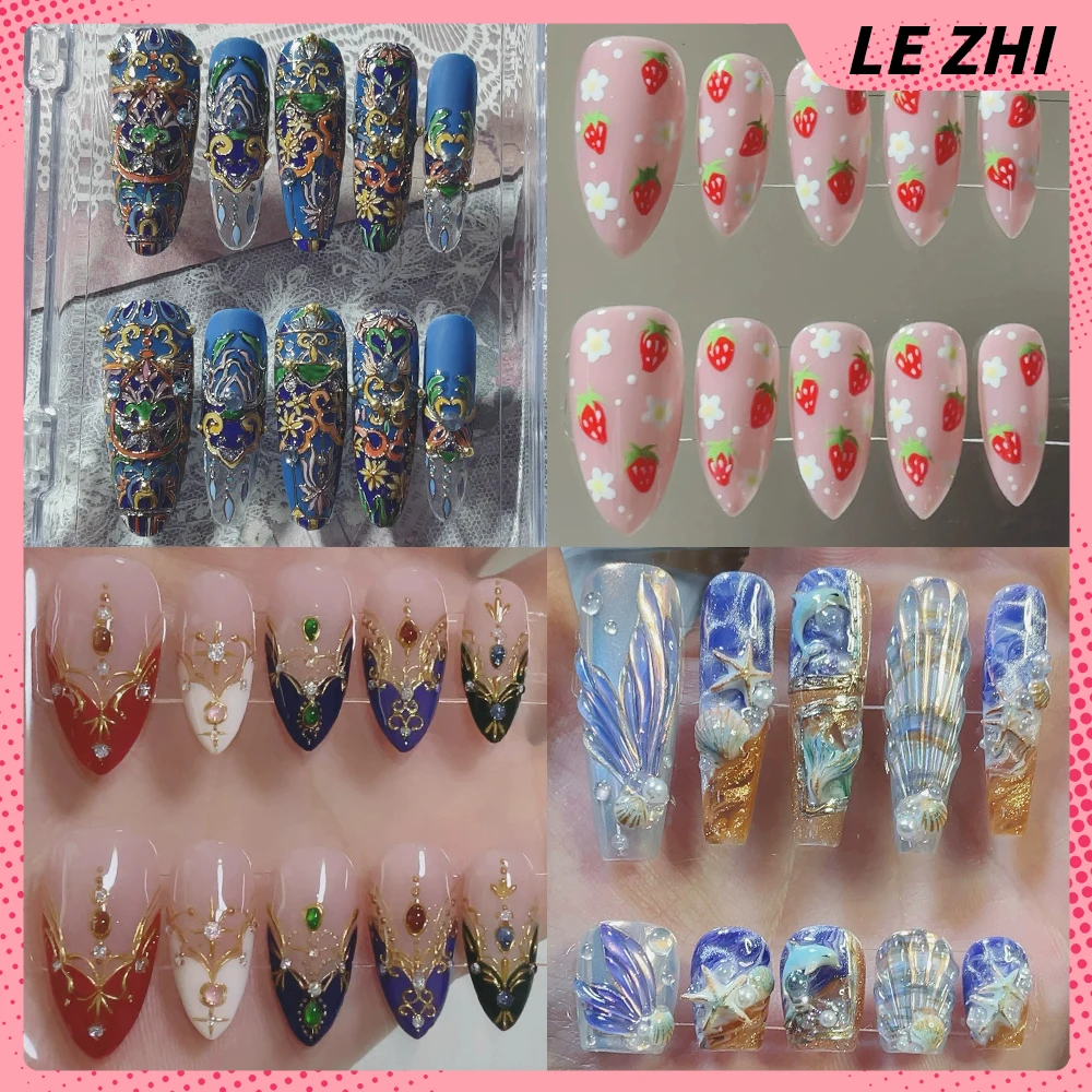 

Vintage Classical Handmade Long Coffin Ellipse Press On Nail Golden Flower Edge Butterfly Pearl Fox Gradients Wearable Fake Nail
