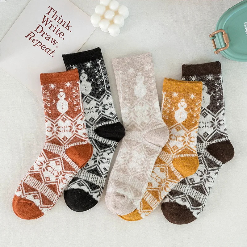 5 Pairs Autumn and Winter New Socks Female Mid-thigh Socks Snowman Thickening Warm Rabbit Wool Socks Funny Socks Harajuku Kawaii