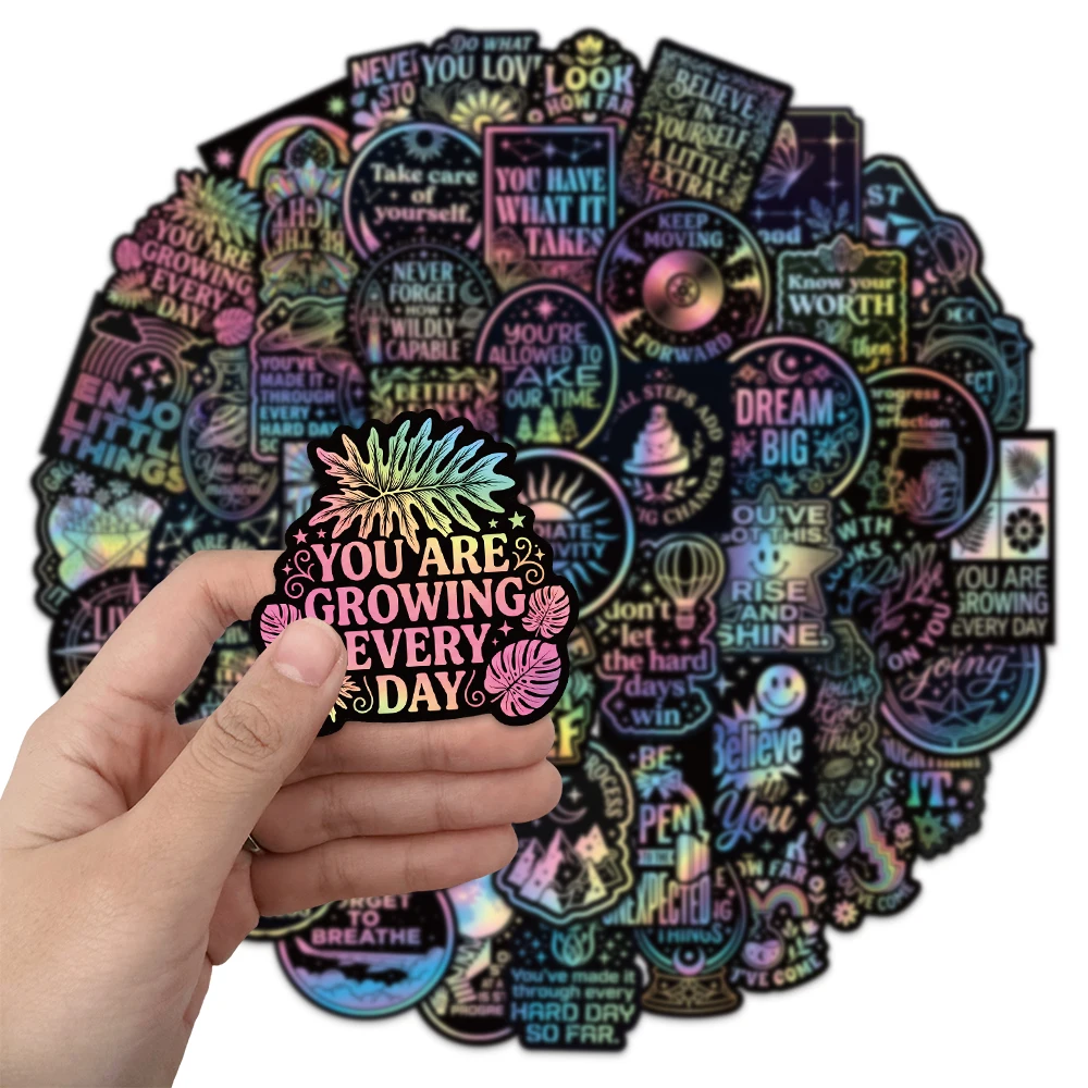 50PCS Aesthetic Laser Inspirational Graffiti Stickers Color Holographic Inspirational Phrase DIY Phone Case Postcard Stickers