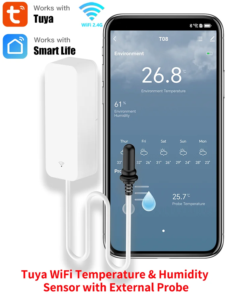 Tuya WiFi Temperatur Feuchtigkeit Sensor Mit Externe Sonde für Smart Home Hygrometer APP Überwachung Für Pflanzen Aquarium Weingut