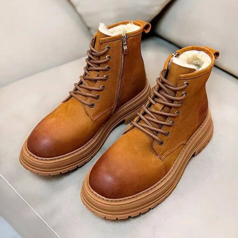

Мужские повседневные высокие туфли на толстой подошве, мужские нескользящие ботильоны из натуральной кожи, зимние теплые молодежные трендовые зимние ботинки из меховой шерсти