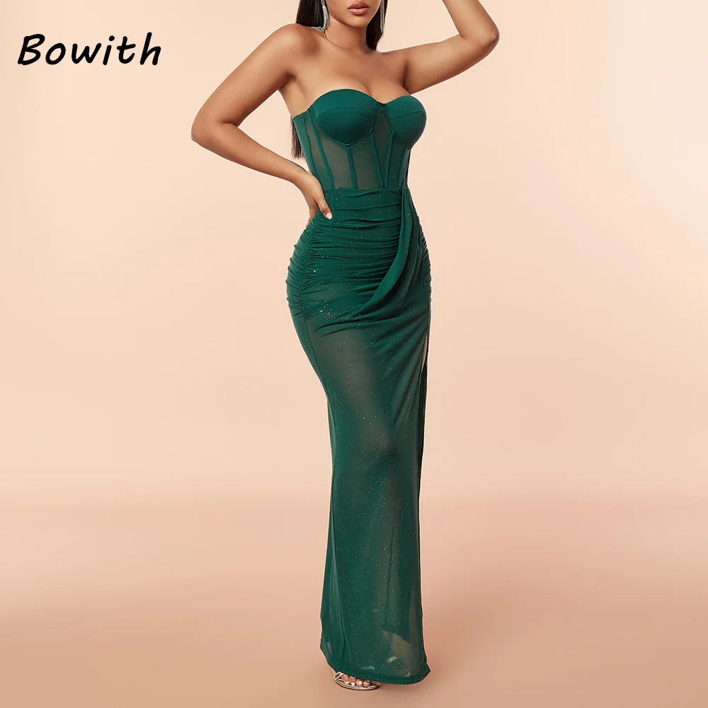 Bowith-vestido de fiesta de boda para mujer, traje de noche elegante sin mangas, Espalda descubierta, Sexy, color verde