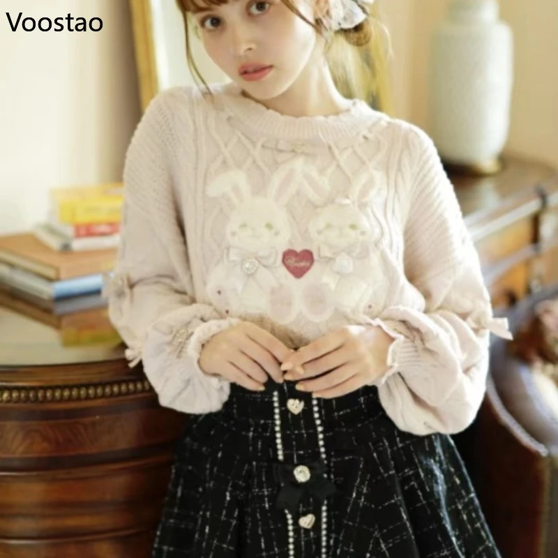 Vintage Sweet Lolita Style Knitted Pullover Girls Cute Plush Cartoon Bunny Embroidery Bow Sweater Women Harajuku Knitwear Tops