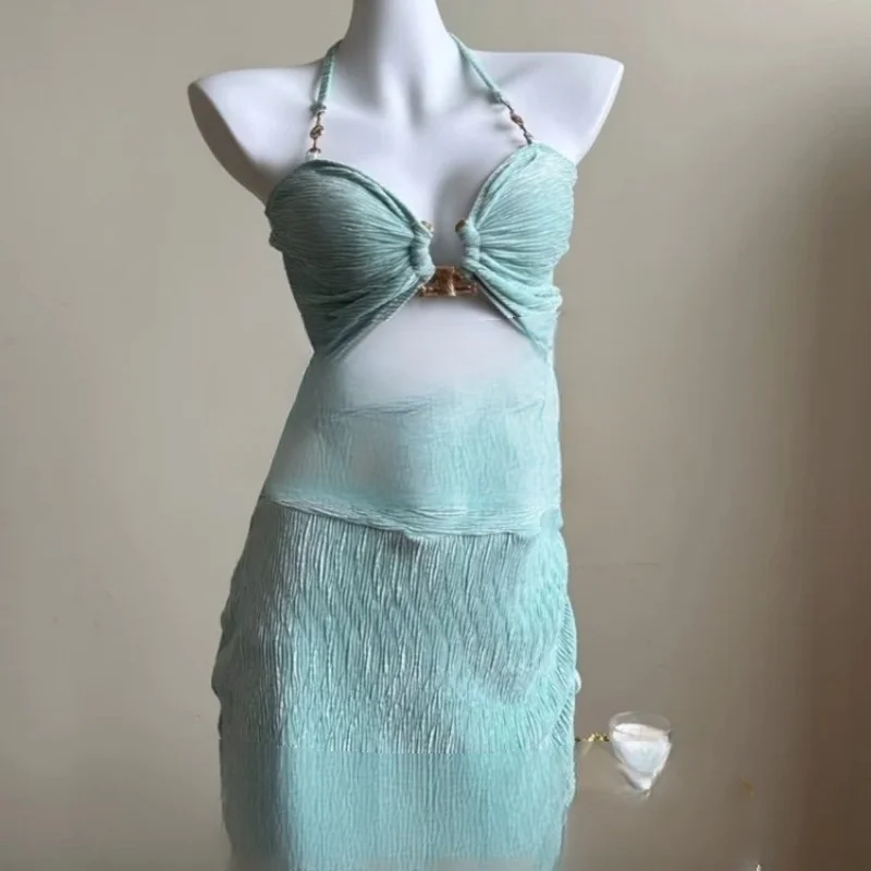 New 2025 Three-Piece Bikini Set Sexy Vacation Hot Spring Swimsuit High-End Velvet Mint Green Ins Separate Swimsuit Ensemble