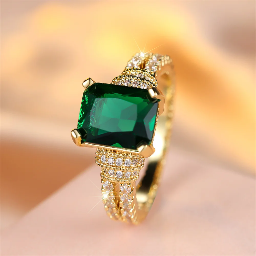 

Green Crystal Square Stone Engagement Rings For Women Yellow Gold Color Wedding Band Jewelry May Birthstone Mother's Day Gifts