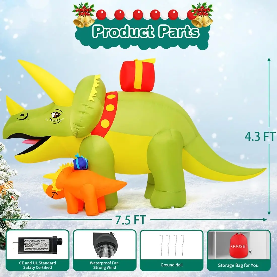 7.5 FT Length Christmas Inflatables Green Triceratops Dinosaur with Baby Dino Blow Up Yard Decorations LED Lights Outdoor Toys