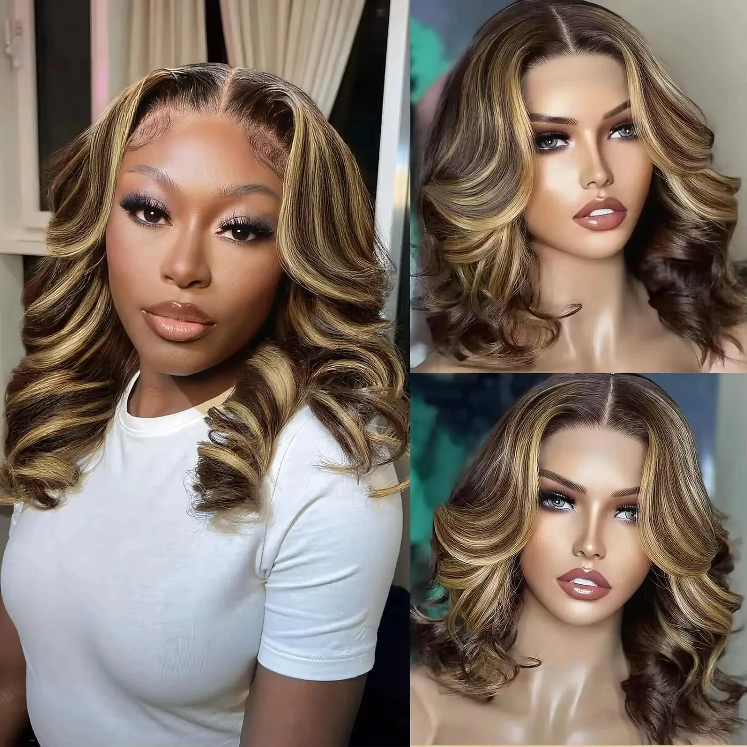 

Highlight Body Wave Bob Wig Human Hair Lace Front Human Hair Wigs For Women Honey Blonde 13X4 Transparent Lace Frontal Wig