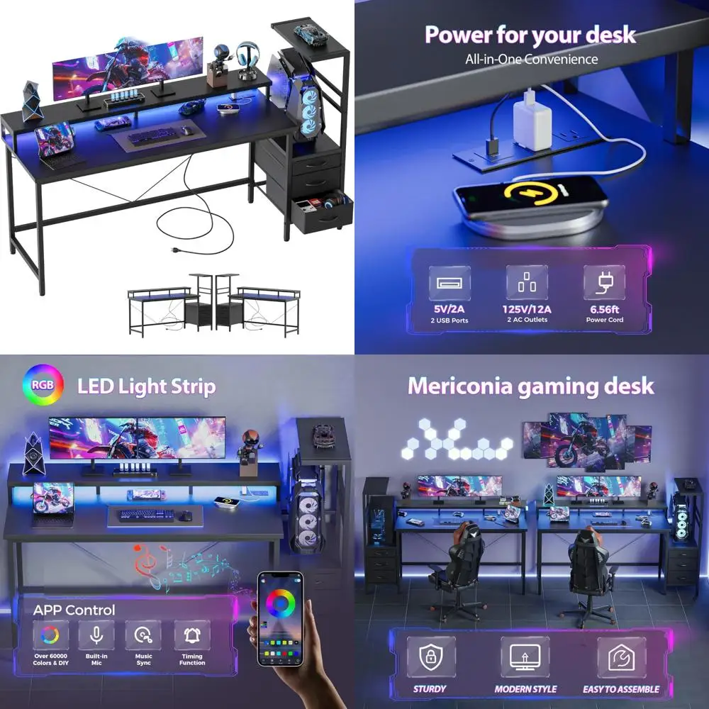 LED-Illuminated Gaming Desk with Power Outlets, Reversible PC Case Stand, Fabric Drawers, Modern Office Desk with Ergonomic Desi