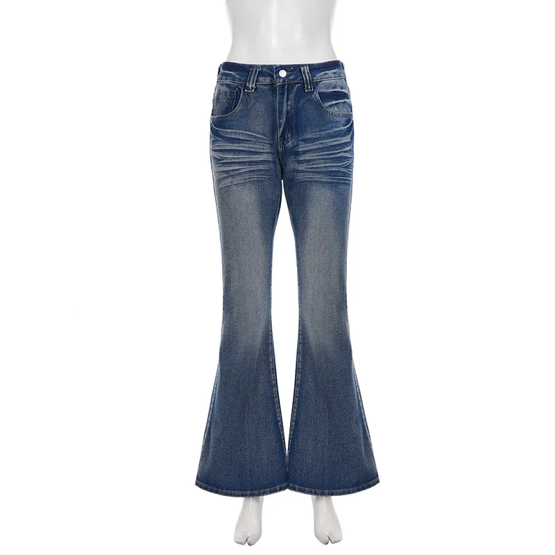 Jean en denim délavé rétro vintage pour femmes, pantalon évasé taille basse, coupe slim, amincissant, épicé, pour filles