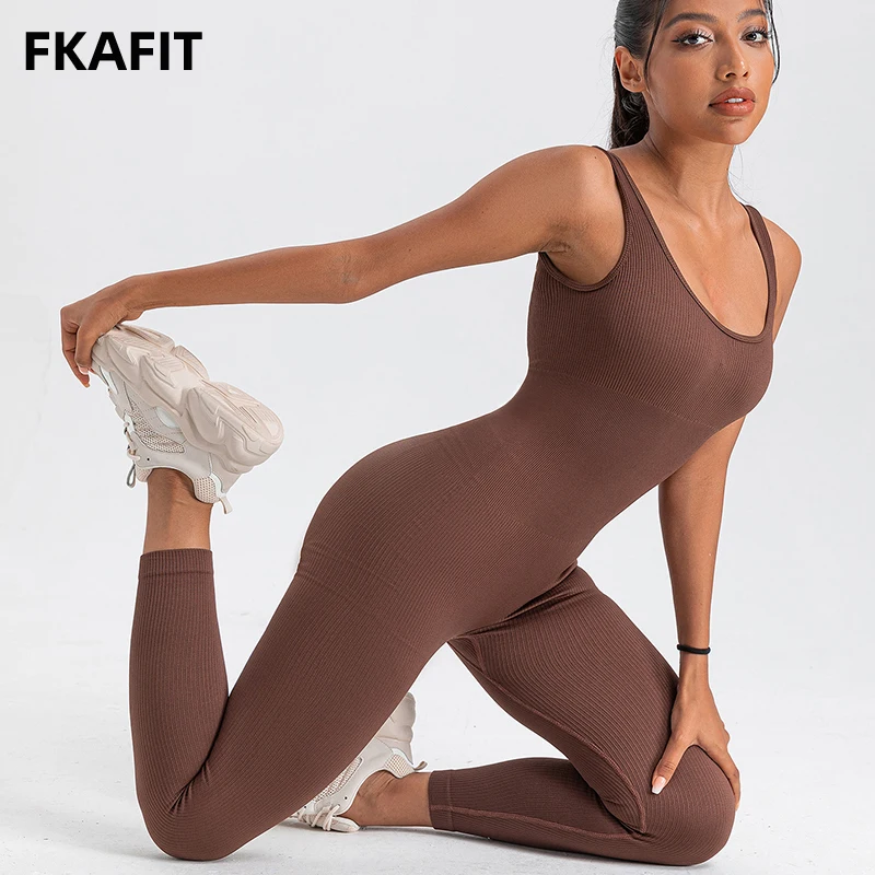 Damskie pajacyki z długim rękawem Skinny Bodycon kombinezony do jogi prążkowane sportowe Fitness Casual kwadratowy dekolt Playsuits Club Streetwear