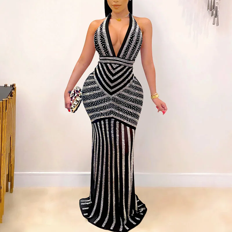 

Fashion sexy deep V backless nightclub evening dress Hot drilling perspective long skirt for women in autumn and winter 2022