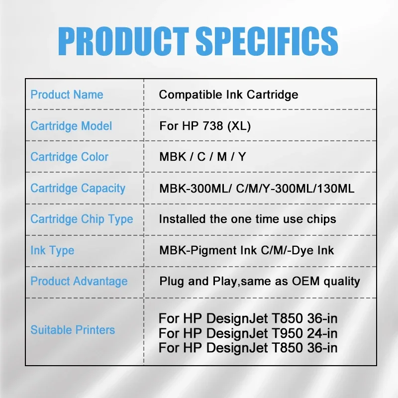 BFHH لخرطوشة الحبر المتوافقة مع HP 738 لطابعة HP Designjet T850 T950 300 مللي/قطعة حبر عالي الجودة مع شريحة