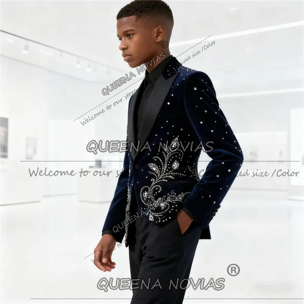 화려한 크리스탈 비즈 웨딩 턱시도 소년용 벨벳 프롬 블레이저 맞춤형 2피스 어린이 생일 의상 2-16세