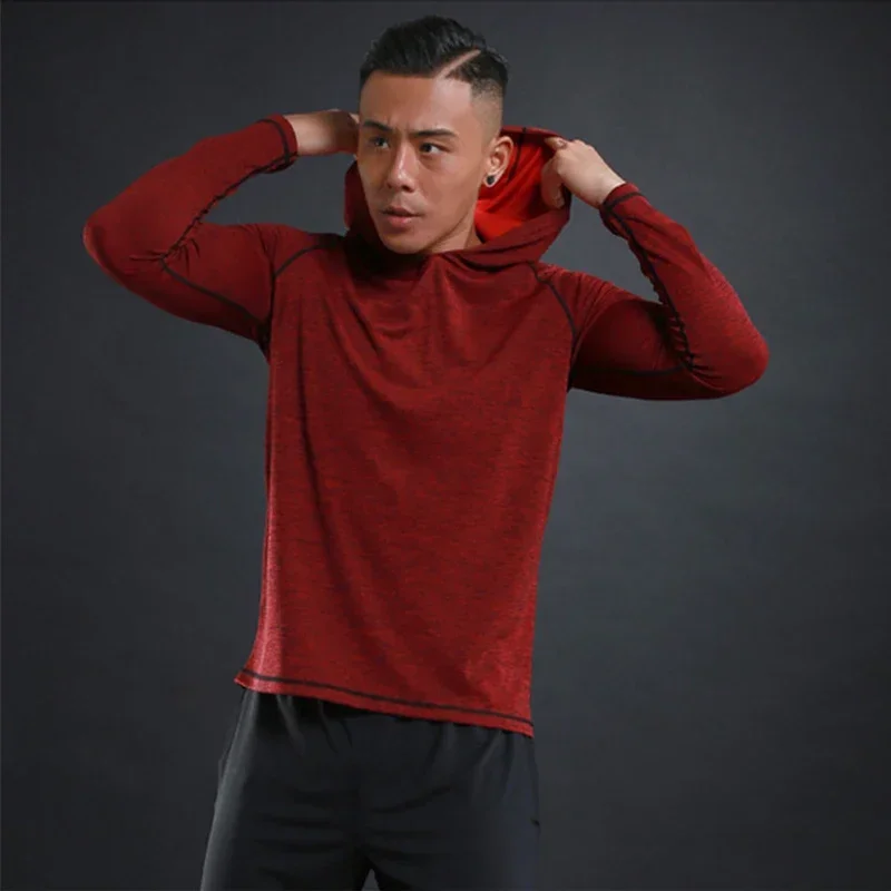 Men Elastic Running Tops Breathable Long Sleeve Gym t Shirt Male Casual Hooded t-Shirts Quick Dry Fitness Shirts Man Clothing