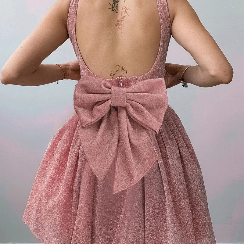 

Pink Bowknot Backless Hollow Banquet Dress Elegant Women Square Neck Pleated Mini Dress Fashion Sleeveless Suspender Short Dress