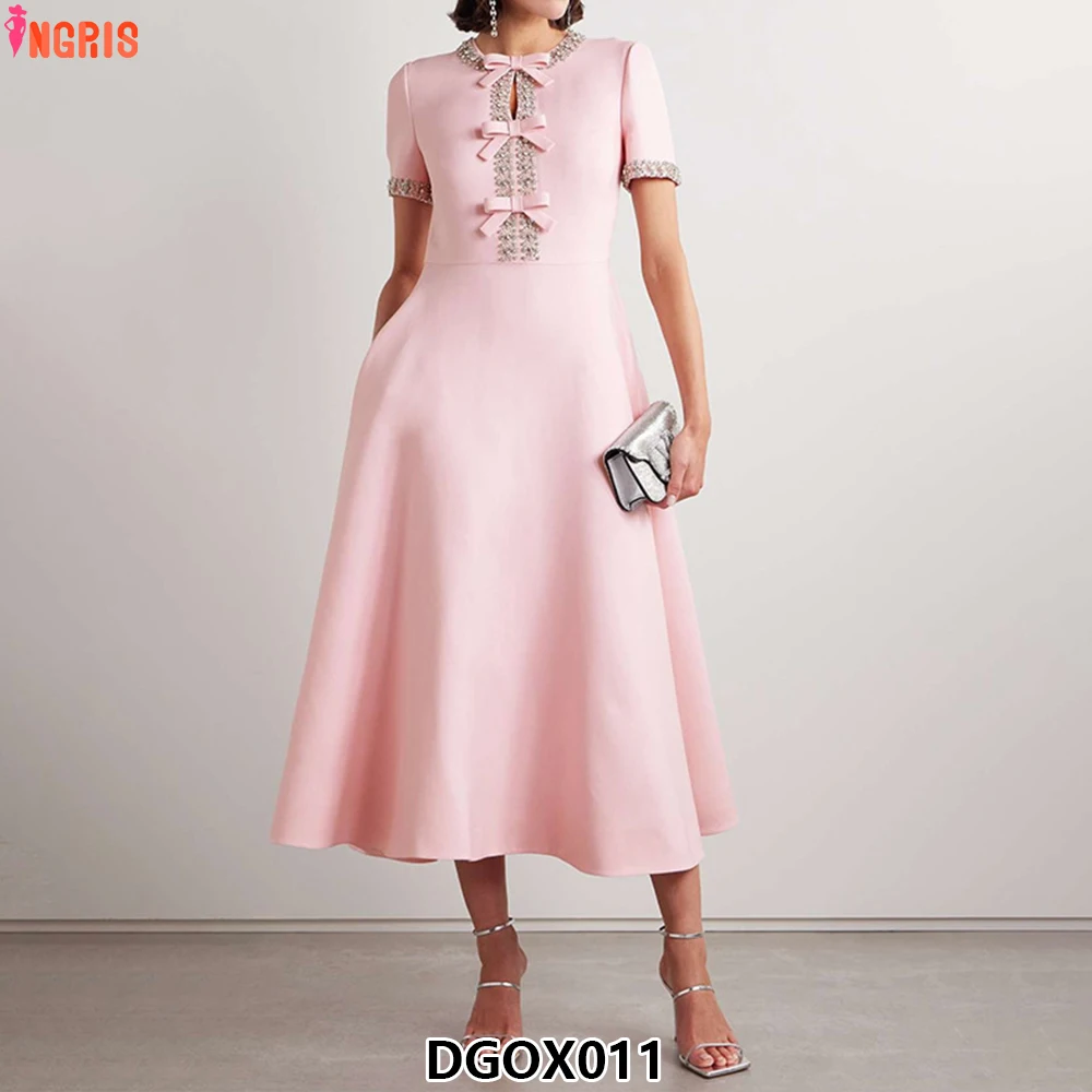 

Wholesale Sweet pink Long Women Dress 2025 New Round Neck Diamond Bow Loose Elegant Casual Dress-DGOX011