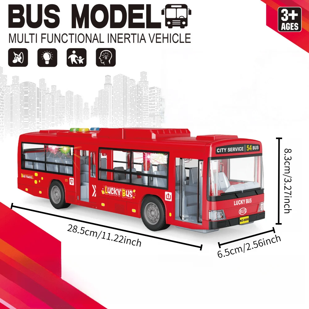 Brinquedo de ônibus de som e luz de liga, porta dupla, modelo de transporte da rota 54 |   Música + Luzes + Som Simulado do Motor |   Drop-resis