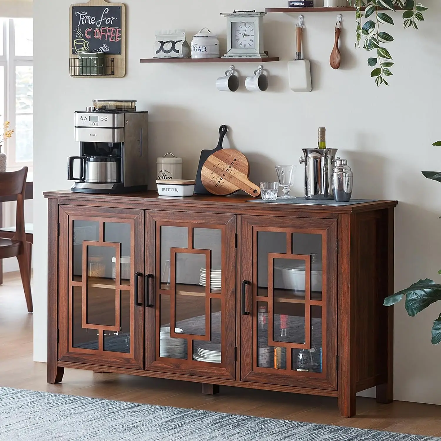 

Large Sideboard Buffet Cabinet with Storage, 55" Farmhouse Brown Kitchen Coffee Wine Bar Cabinet with 4 Glass Doors,