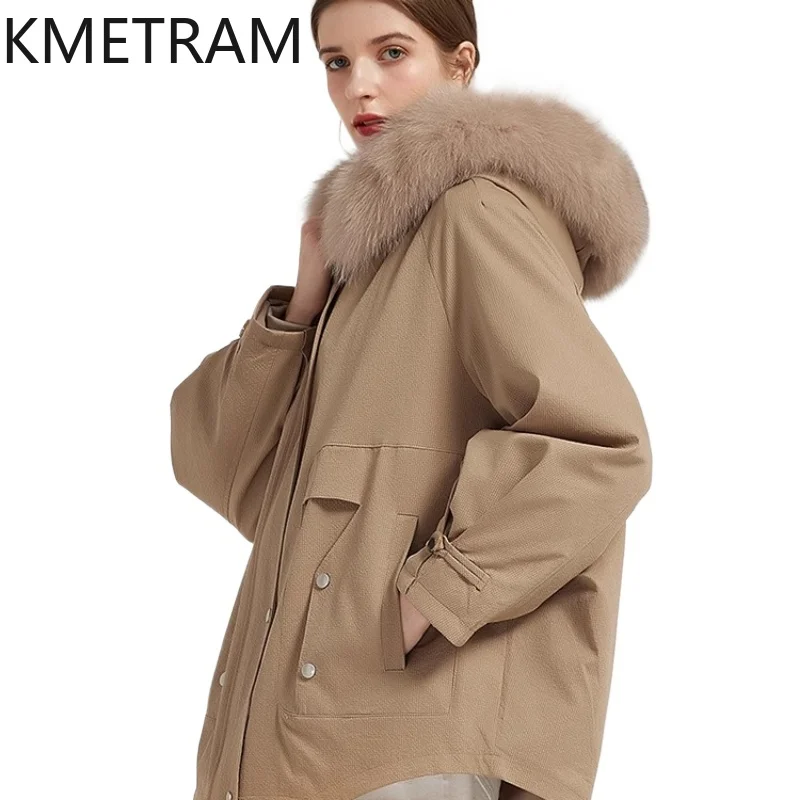 

KMETRAM Real Rex Rabbit Fur Removable Lining Fur Coats Warmth Winter Women Clothing Fox Fur Collar Mid Length Clothes 2025 шуба