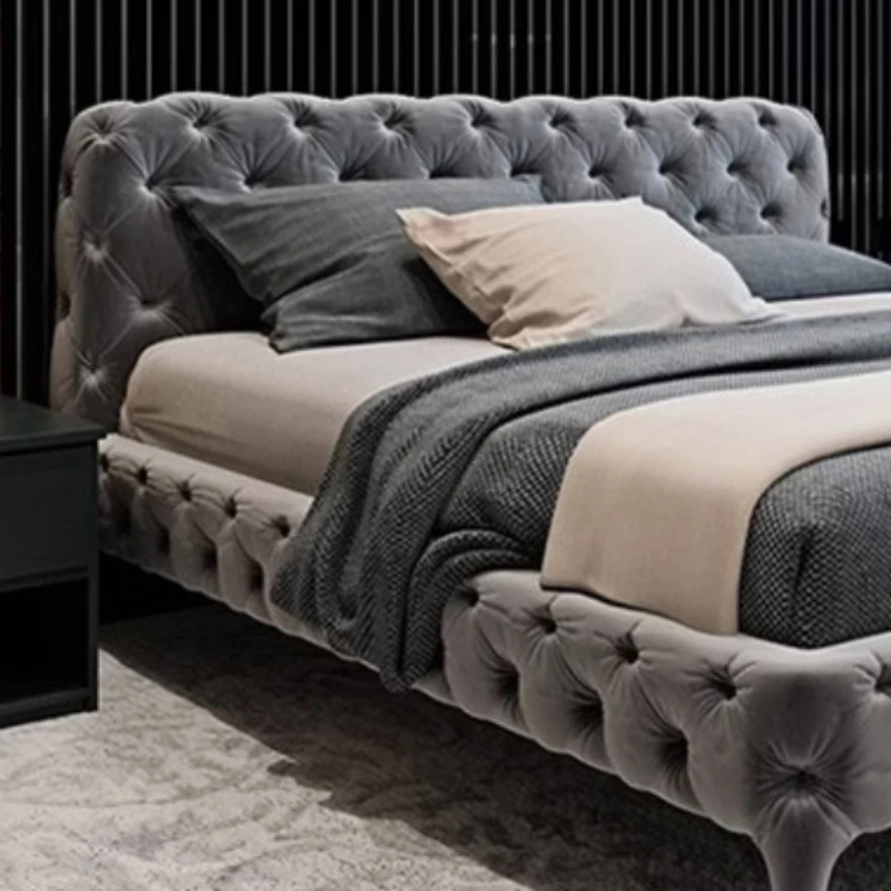 إطار من القماش سرير مزدوج إطار حديث تصميم كوين سرير مزدوج بحجم كينغ فاخر موفر للمساحة أثاث مضاء لشخصين لغرفة النوم