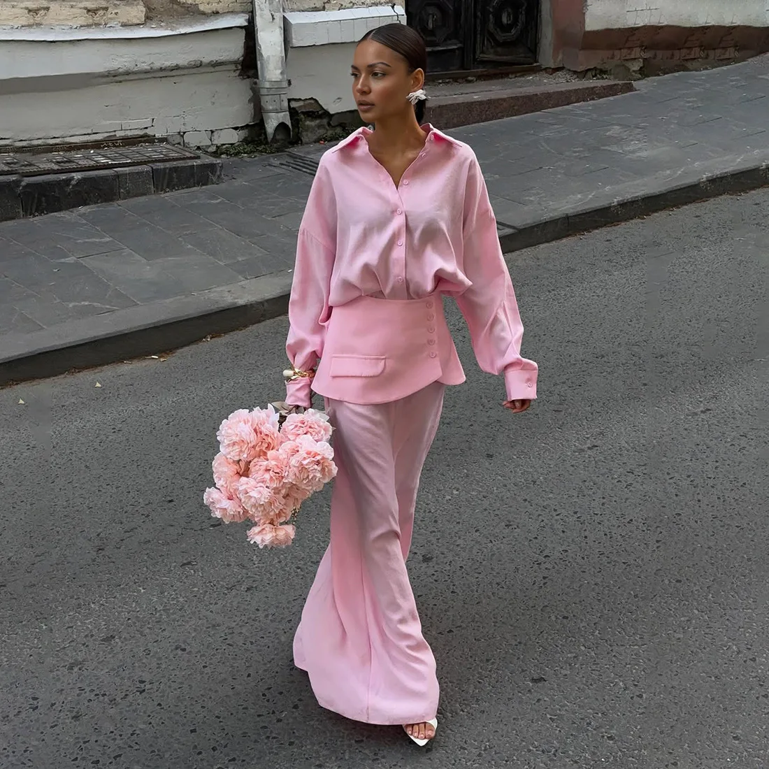 

Women Elegant Solid 3 Piece Set Long Sleeve Shirts Tops + waistband + Mermaid Maxi Skirts 2025 Autumn Office Lady Outfits Suits