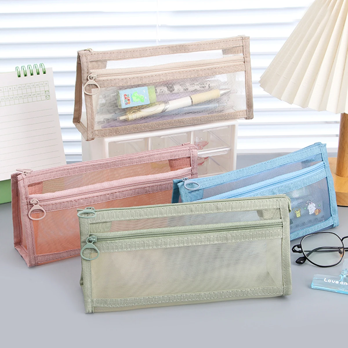 Triangular transparent mesh pencil case, desktop stationery storage portable pencil case, office supplies storage