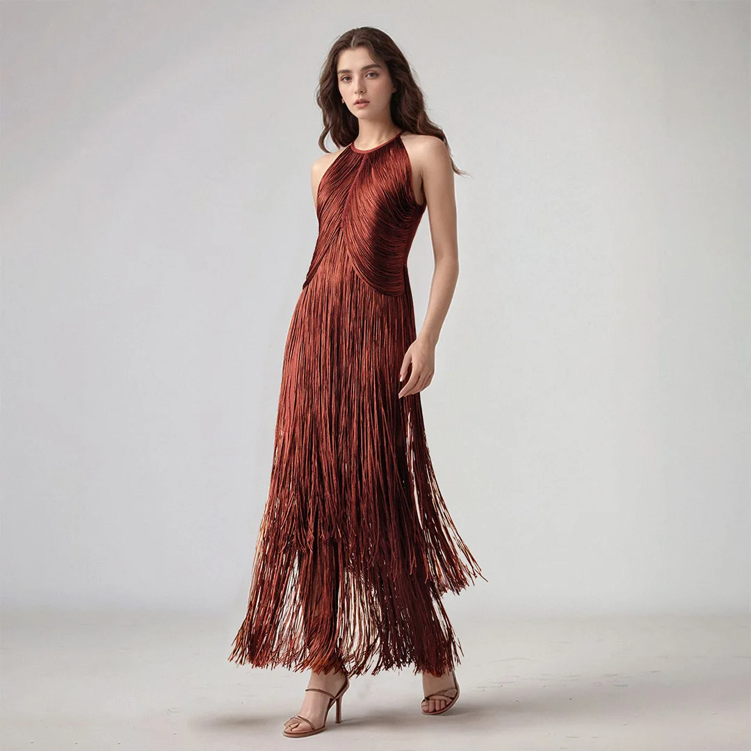 

Hot sales Sexy Long Dress Halter Neck Tassel Bandage Women Sleeveless Backless Fringe Slim Dresses Evening Party Cocktail Gowns