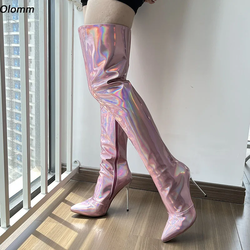 

Olomm Women Spring Over Knee Boots Stiletto Heels Pointed Toe Beautiful Pink Purple Red Club Shoes US Plus Size 5-13