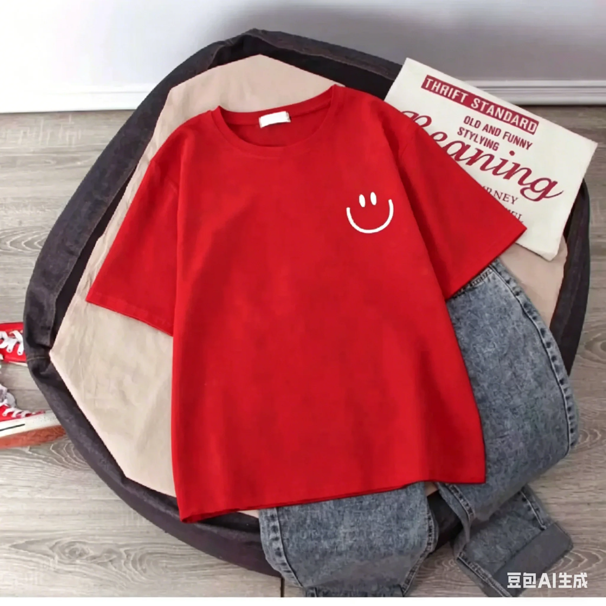 Sommerliches T-Shirt mit lächelndem Gesicht für Kinder, kurzärmelig, aus reiner Baumwolle, locker sitzend, vielseitig, einfach, cool, für Mädchen – Detail 5