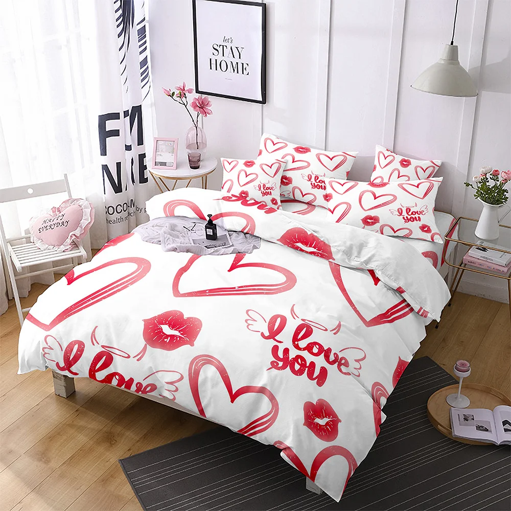 

Lips Polyester Duvet Cover Set Red Heart Valentine's Day Present For Couple Wife King Queen Size Bedding Set With Pillowcase