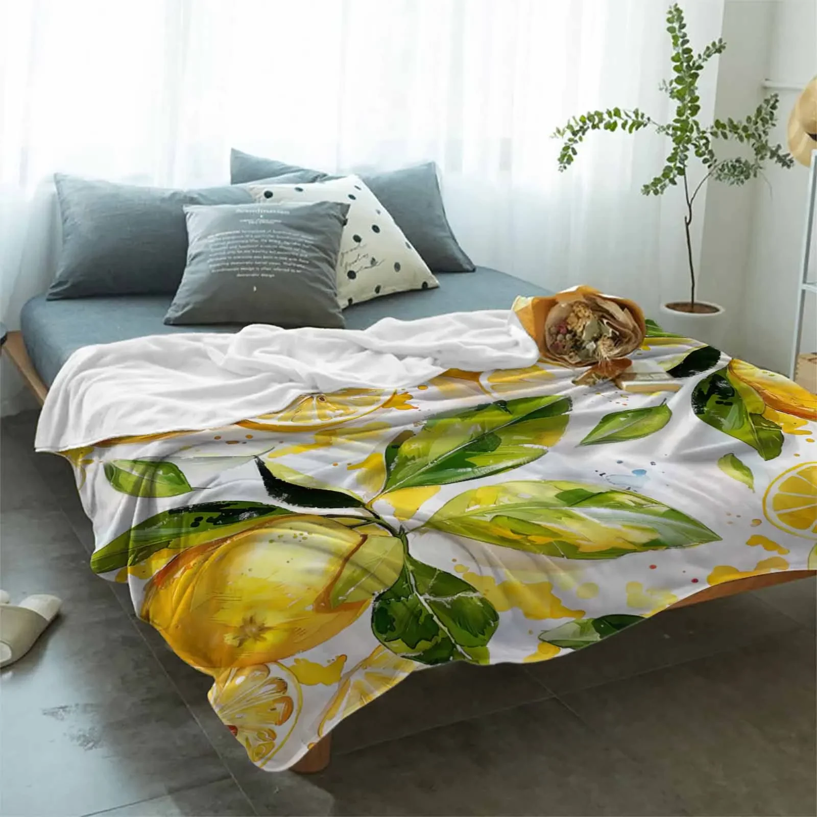 Lemon Leaves Watercolor Blankets Portable Soft Throw Blanket for Bed Office Bedspread Home Decor Flannel Blanket