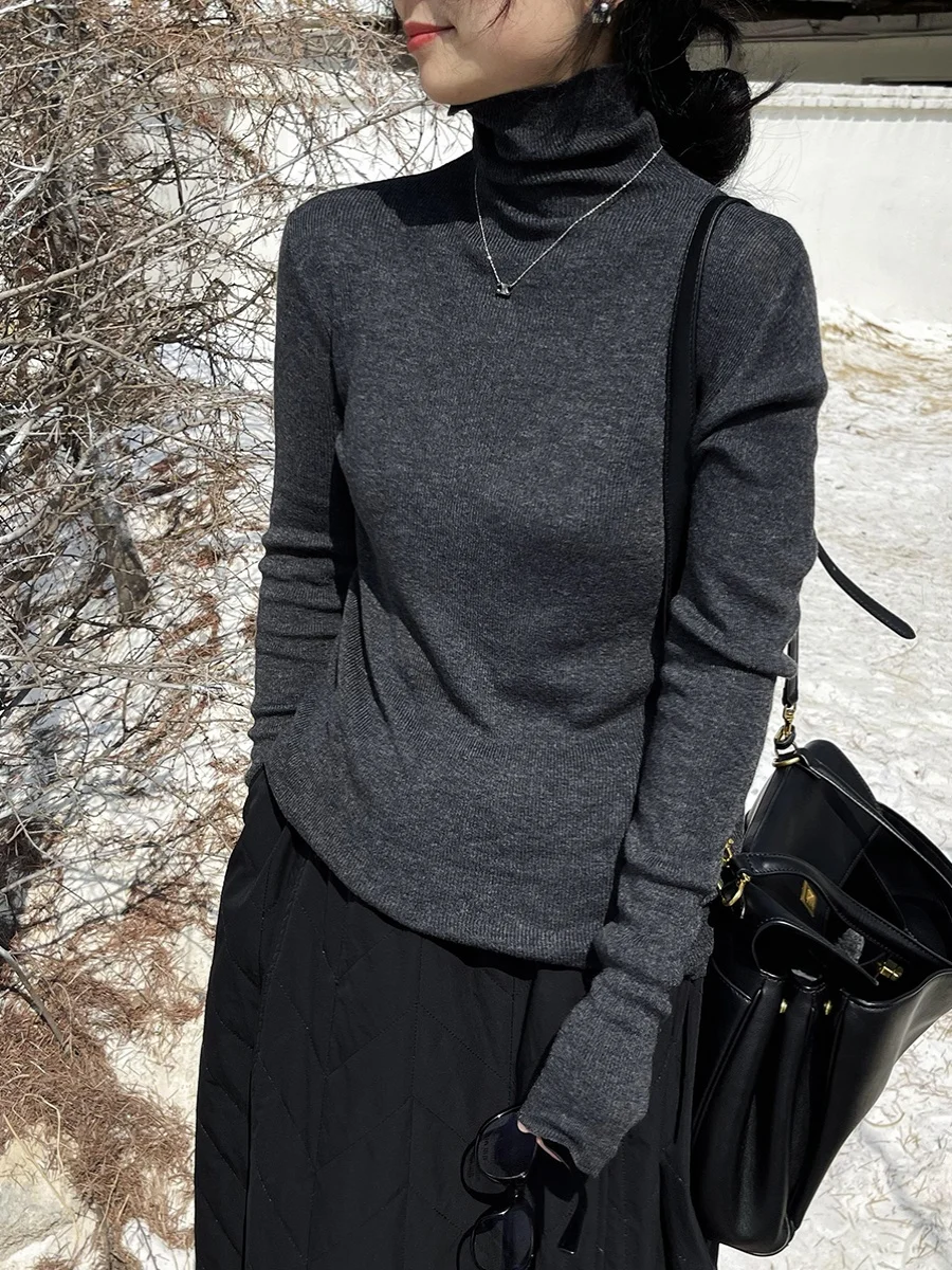 

Женская облегающая базовая футболка с высоким воротом и длинным рукавом, корейский стиль, зимний сезон, цветная