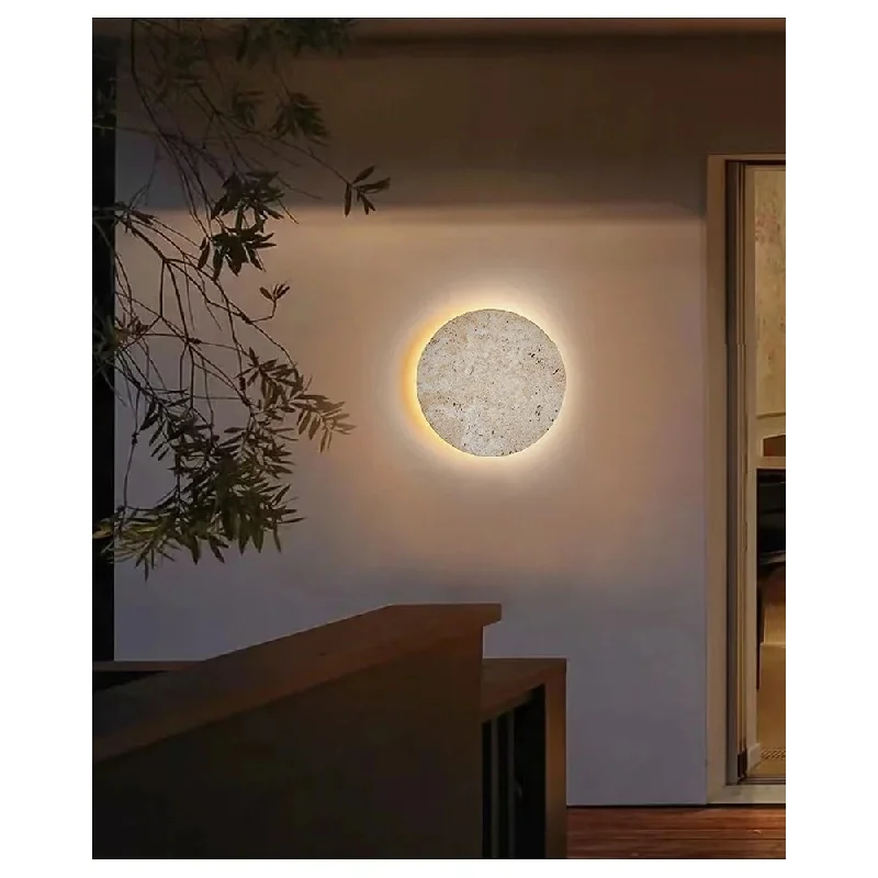 Round Natural Travertine Wall Lamp Stone Textured Backlit Wall Sconce Warm LED Ambient Light For Bedroom Corridor Hotel Decor