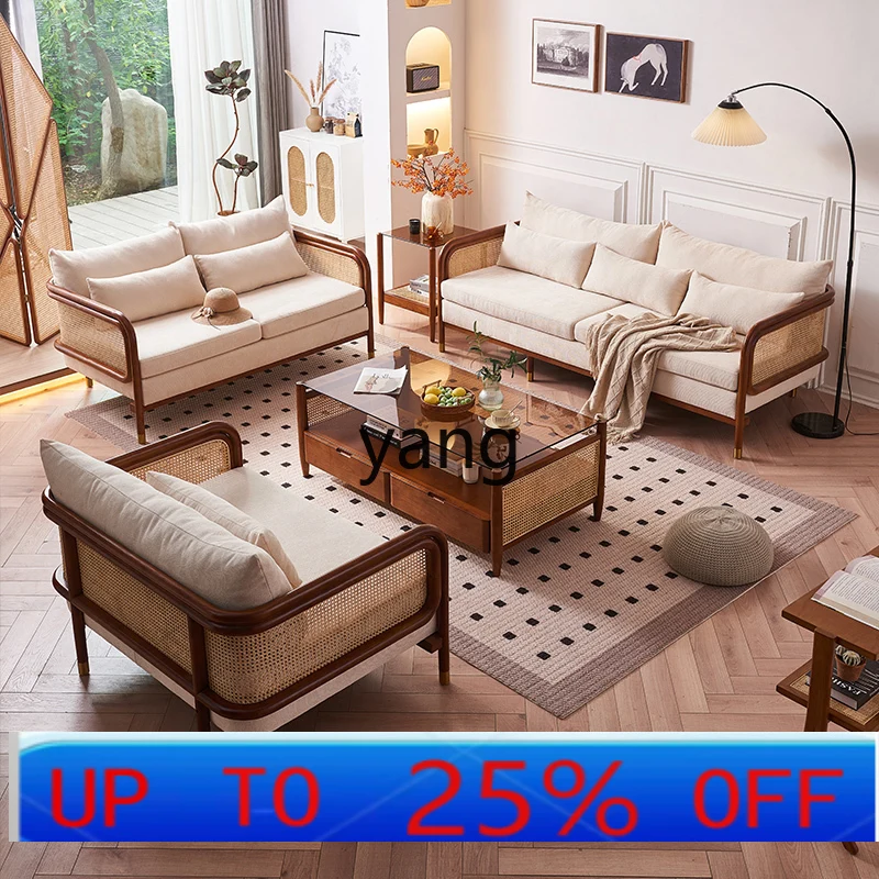 

CX Solid Wood Single Three-Seat Rattan Chair Living Room Home Leisure Fabric Rattan Sofa