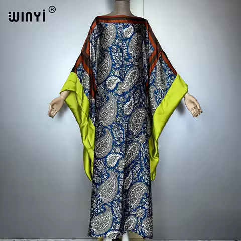 WINYI summer long sleeves evening dress abaya dubai luxury Female loose Print loose kaftan muslim woman clothing beach dress
