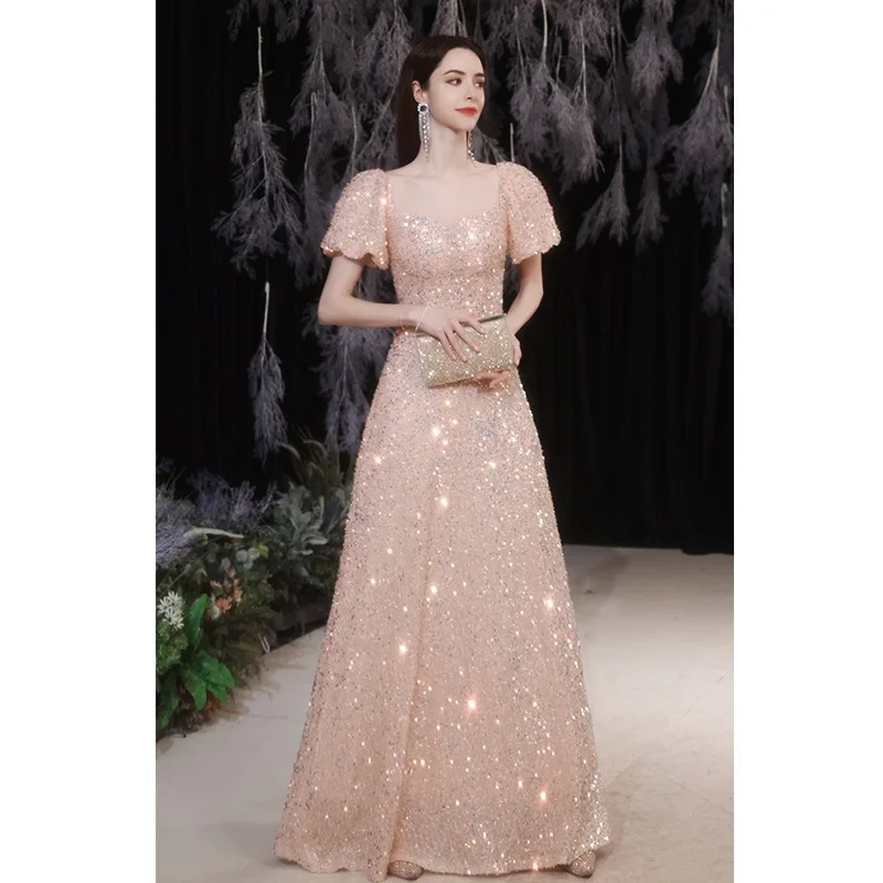 Evening dresses gala sequins Dinner dress Pink Princess Puff Sleeve Banquet dinner ball gown robe floral  L0370