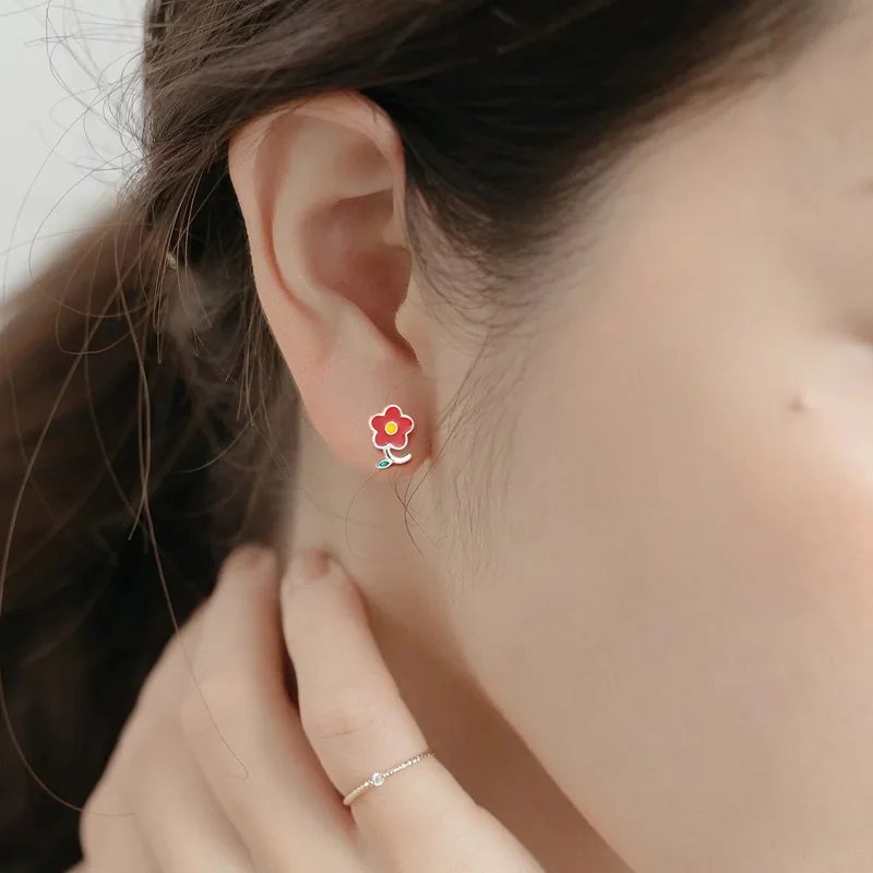 925 Sterling Silver Small Red Flower Stud Earrings for Girls Fresh Pastoral Style Forest Series Earring Ladies Piercing Jewelry