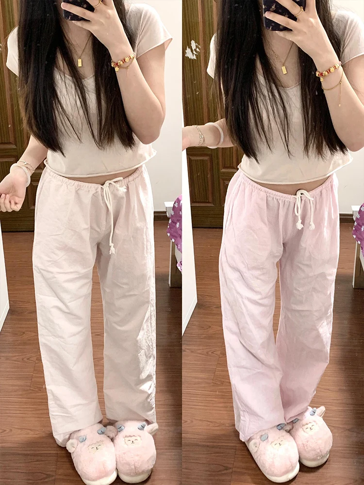 

Розовые полосатые повседневные брюки женские летние тонкие свободные прямые брюки маленького размера, широкие брюки для отдыха, с высокой талией, для повседневной носки