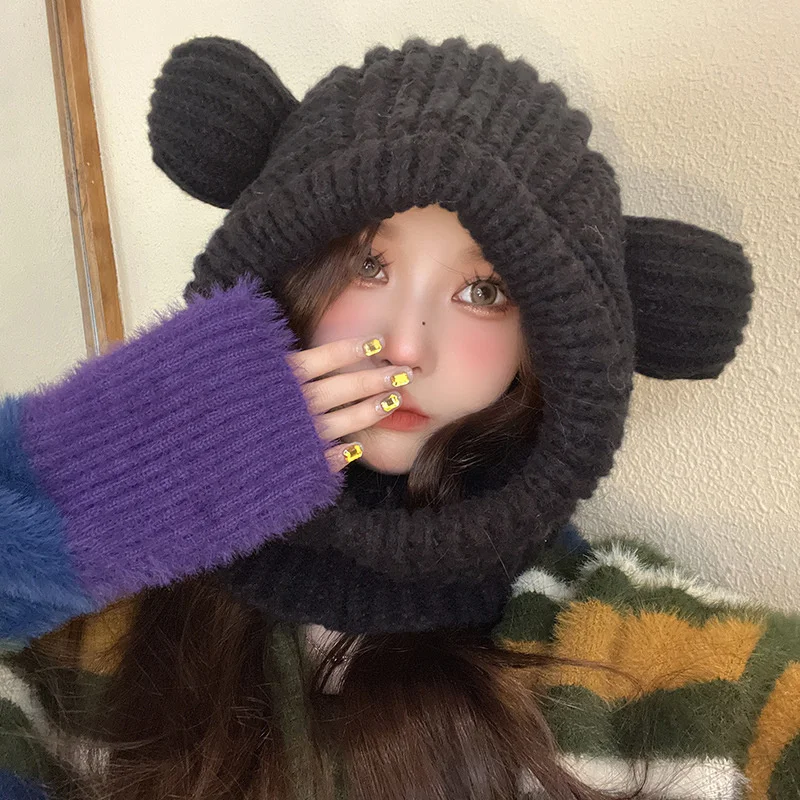 Cartoon Bear Women Hooded Beanies Winter Warm Ear Protection Scarf Cap Korean Solid Wool Knitted Hat Outdoor Windproof Headgear