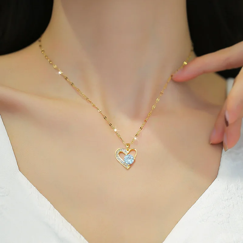 Yupsk 316L Stainless Steel Asymmetrical Heart Zircon Pendant Necklace For Women Exquisite Clavicle Chain Daily Wear Jewelry