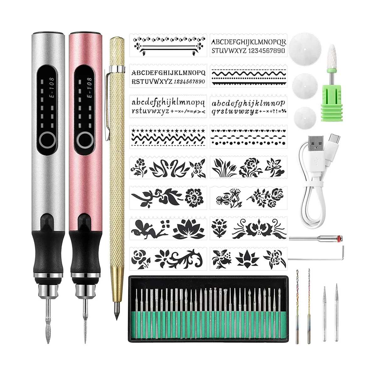 Stylo à graver électrique aste USB avec embouts, machine à graver sans fil, bois, verre, pierre, céramique, bijoux, 2 pièces