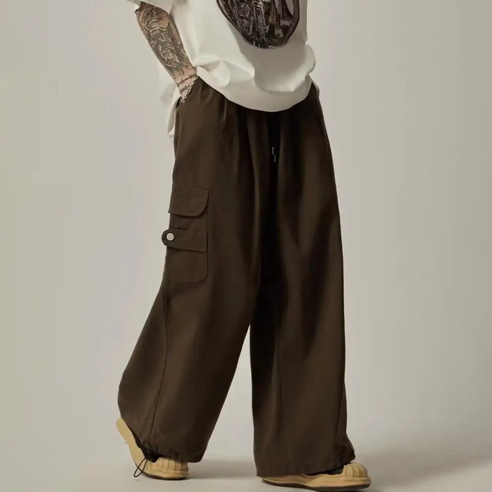 

Men Cargo Pants High Street Hip Hop Loose Wide Leg Drawstring Elastic Waist Multi Pockets Deep Crotch Daily Casual Long Trousers