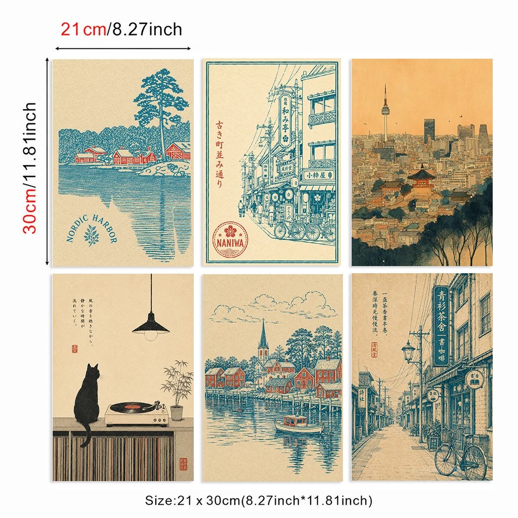 Set of 6 Japanese Vintage Canvas Poster Nordic Harbor Street Bicycle Cat Record Player Seoul Tower City Travel Wall Art Decor