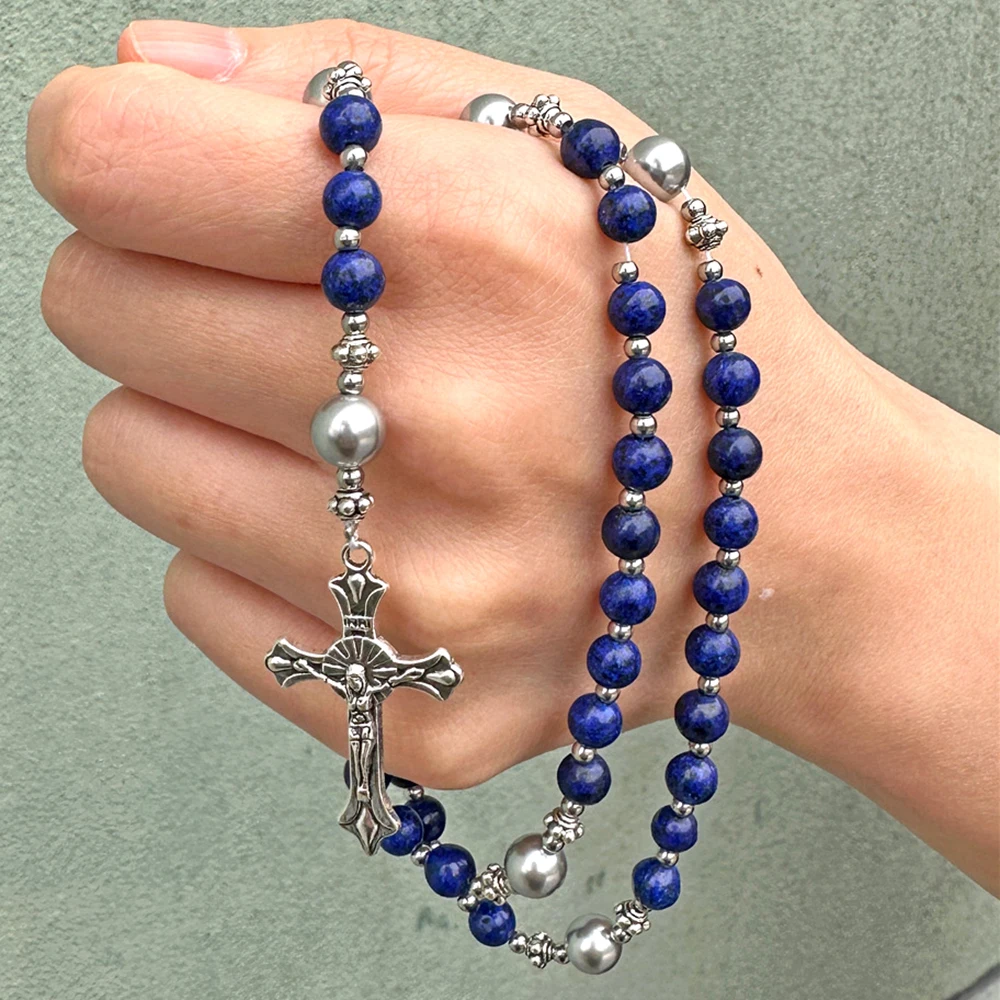 Catholic Cross Pendant Virgin Mary Bracelet Set Natural Stone Beads Christ Religious Jewelry for Women Men Unisex Spiritual Gift