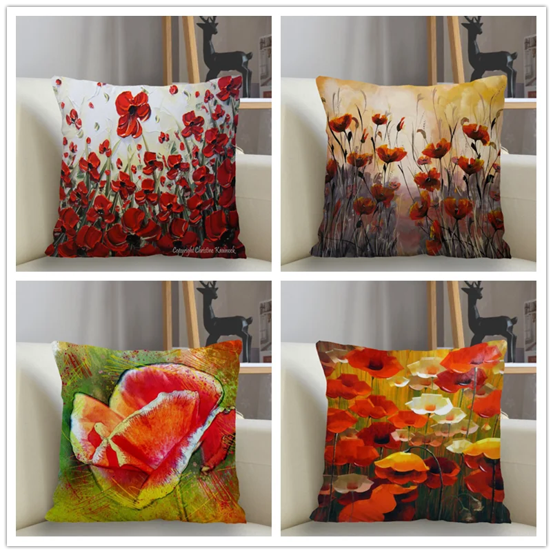 Bedroom Living Room Home Decor Cushion Cover Poppy Flower Pattern Pillowcase Square