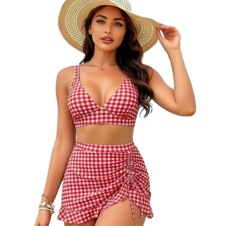 Bathing Suit Women European And American Small Plaid Casual Style Bikini Drawstring Senior Sense Split Swimsuit