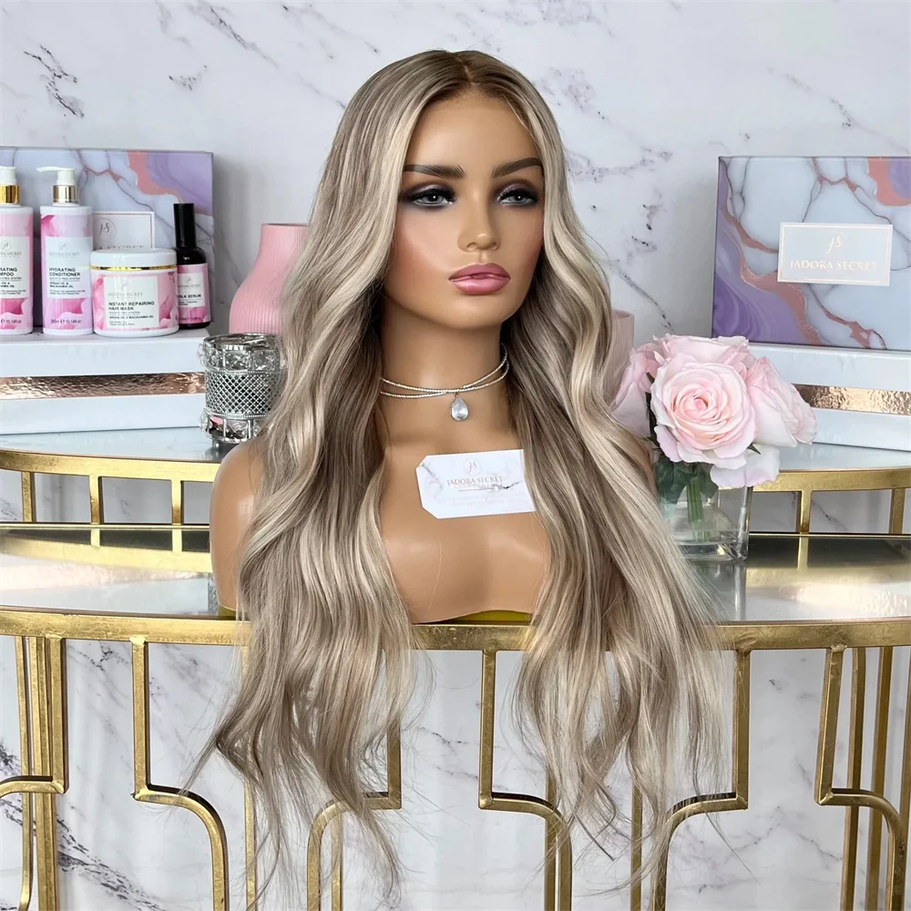 Creamy Platinum ash lowlights Lace Front Wig Loose Wave Synthetic Cosplay Women Wigs Glueless Long Wavy Lace Wigs Easy to Wear