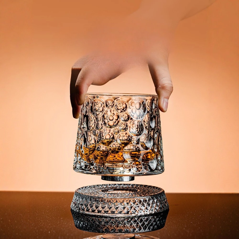 Whiskey Glasses Rotating Whisky Glass with Glass Base 360 Rotate Degrees Crystal Rum Glass for Cocktail Party Drinking Gift