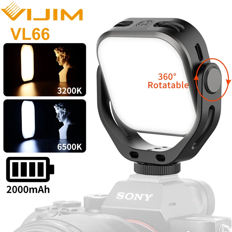 VIJIM-Luz de preenchimento Vlog, rotativa de 360 °, luz de vídeo LED para estender, sapata fria, bateria embutida de 2000mAh, VL66, 3200k-6500k,